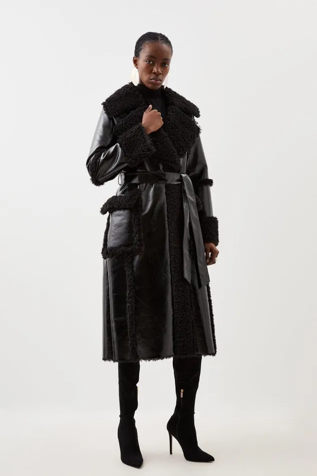 Coats and Jackets Women Karen Millen Contrast Cuff And Collar Vinyl Belted Long Coat Black