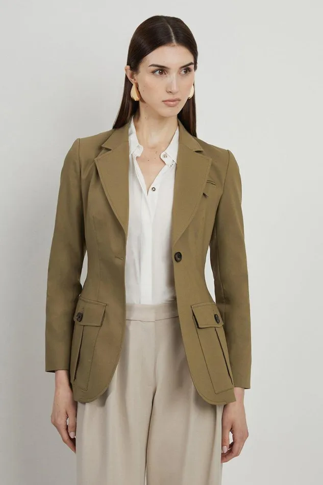 Coats and Jackets Women Karen Millen Cotton Sateen Pocket Detail Single Breasted Tailored Blazer Khaki Coats and Jackets Women Karen Millen Cotton Sateen Pocket Detail Single Breasted Tailored Blazer Khaki