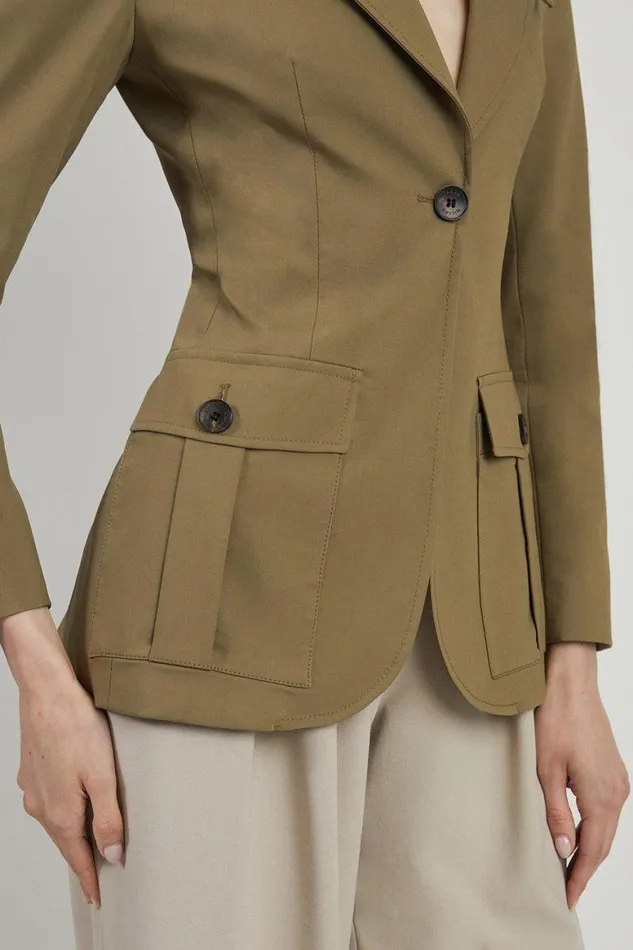 Coats and Jackets Women Karen Millen Cotton Sateen Pocket Detail Single Breasted Tailored Blazer Khaki