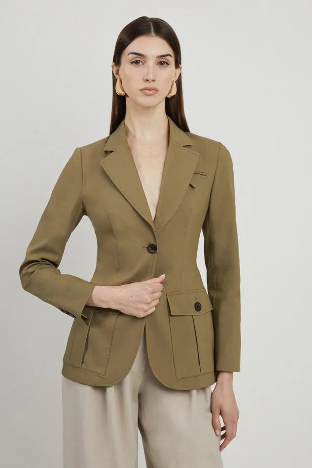 Coats and Jackets Women Karen Millen Cotton Sateen Pocket Detail Single Breasted Tailored Blazer Khaki