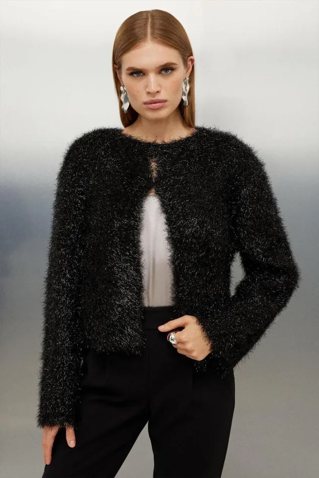 Coats and Jackets Women Karen Millen Eyelash Sparkle Knit Jacket Black