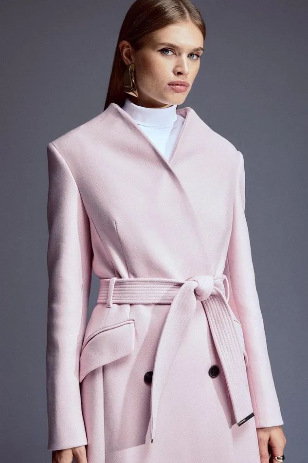 Coats and Jackets Women Karen Millen Italian Manteco Wool Blend High Neck Belted Midaxi Coat Blush