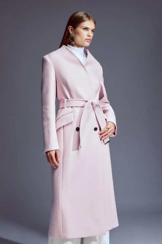 Coats and Jackets Women Karen Millen Italian Manteco Wool Blend High Neck Belted Midaxi Coat Blush