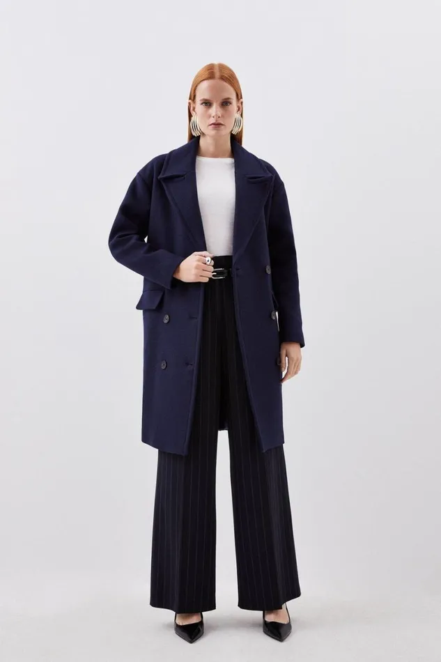 Coats and Jackets Women Karen Millen Italian Manteco Wool Blend Tailored Double Breasted Midi Coat Navy