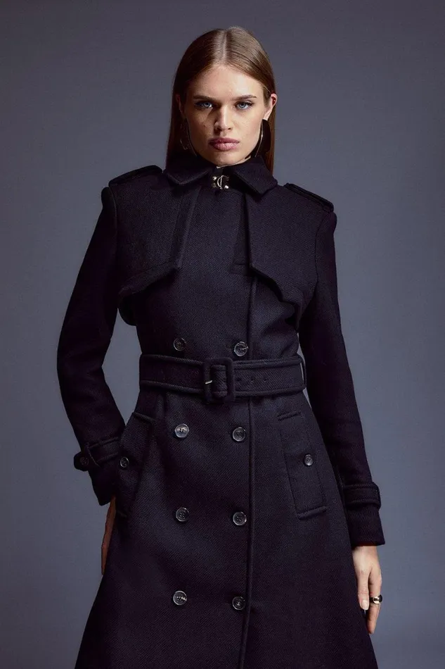 Coats and Jackets Women Karen Millen Italian Manteco Wool Blend Tailored Storm Flap Detail Belted Trench Coat Black Coats and Jackets Women Karen Millen Italian Manteco Wool Blend Tailored Storm Flap Detail Belted Trench Coat Black