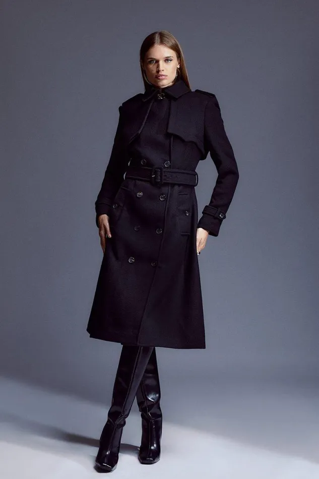 Coats and Jackets Women Karen Millen Italian Manteco Wool Blend Tailored Storm Flap Detail Belted Trench Coat Black