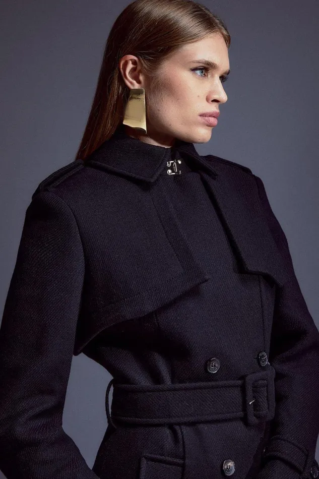 Coats and Jackets Women Karen Millen Italian Manteco Wool Blend Tailored Storm Flap Detail Belted Trench Coat Black