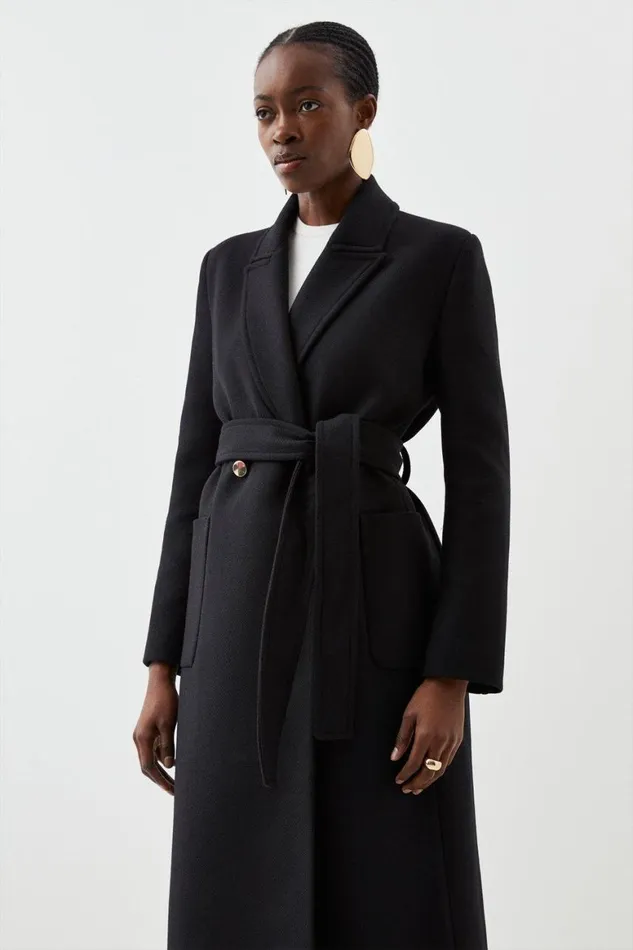 Coats and Jackets Women Karen Millen Italian Manteco Wool Mix Belted Midi Wrap Coat Black