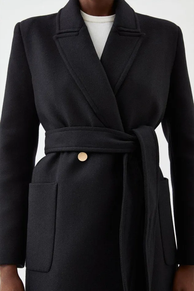 Coats and Jackets Women Karen Millen Italian Manteco Wool Mix Belted Midi Wrap Coat Black
