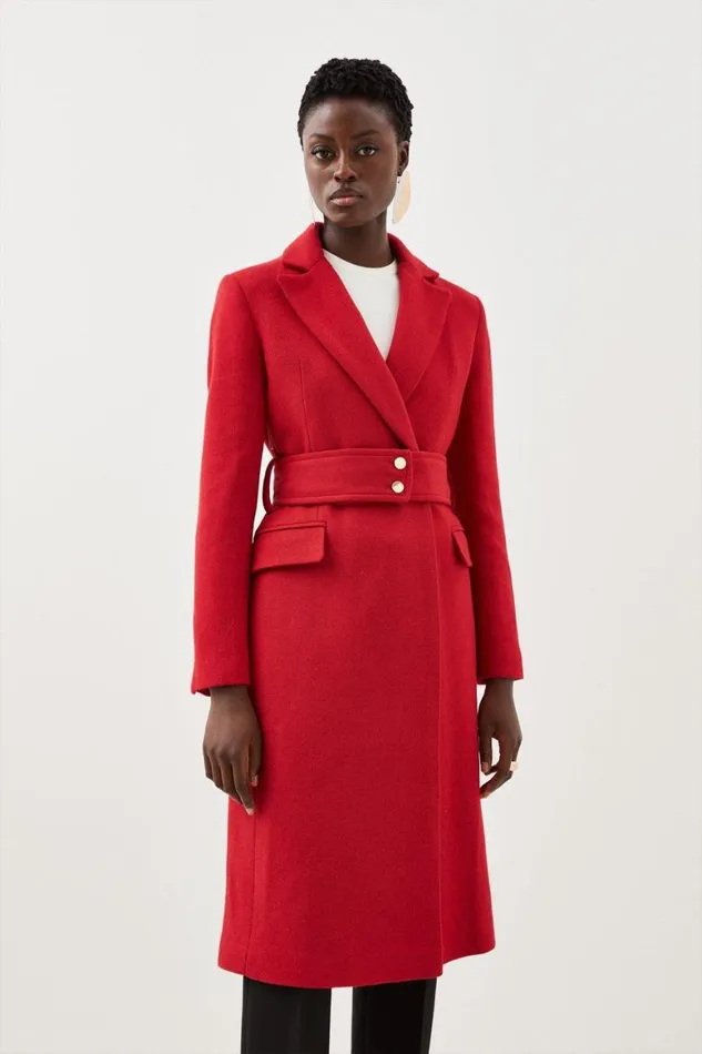 Coats and Jackets Women Karen Millen Italian Manteco Wool Mix Button Detail Belted Midi Coat Red Coats and Jackets Women Karen Millen Italian Manteco Wool Mix Button Detail Belted Midi Coat Red