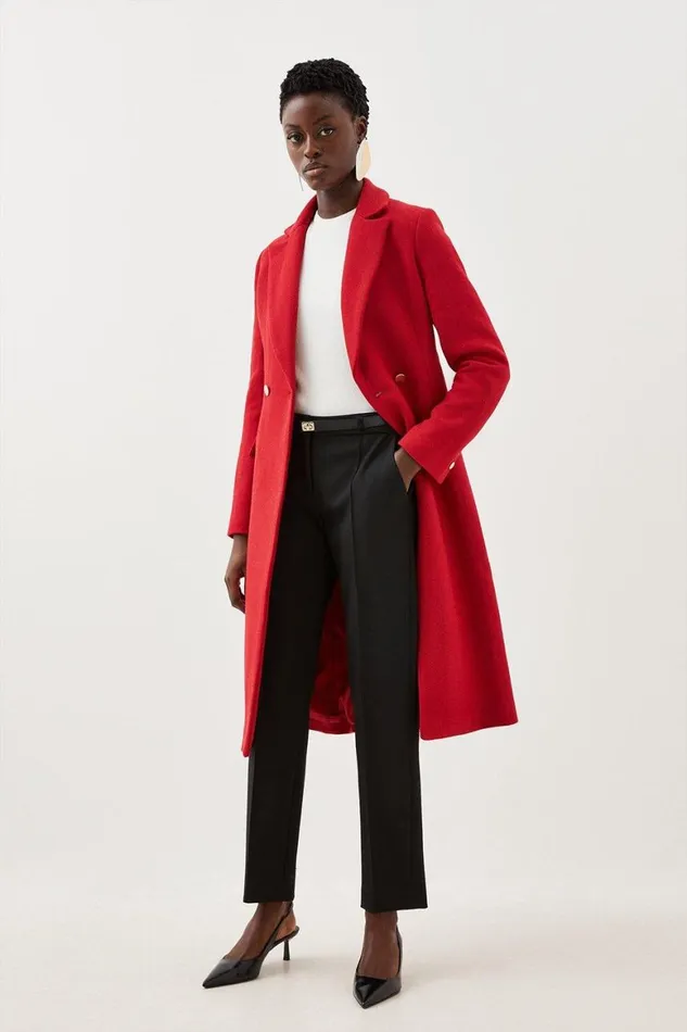Coats and Jackets Women Karen Millen Italian Manteco Wool Mix Button Detail Belted Midi Coat Red