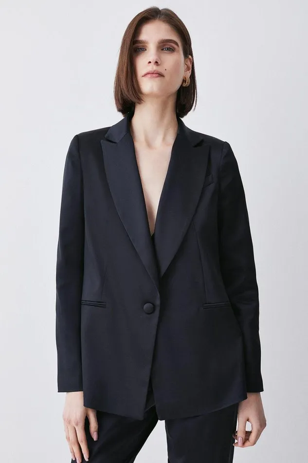 Coats and Jackets Women Karen Millen Italian Structured Satin Tailored Single Breasted Jacket Black