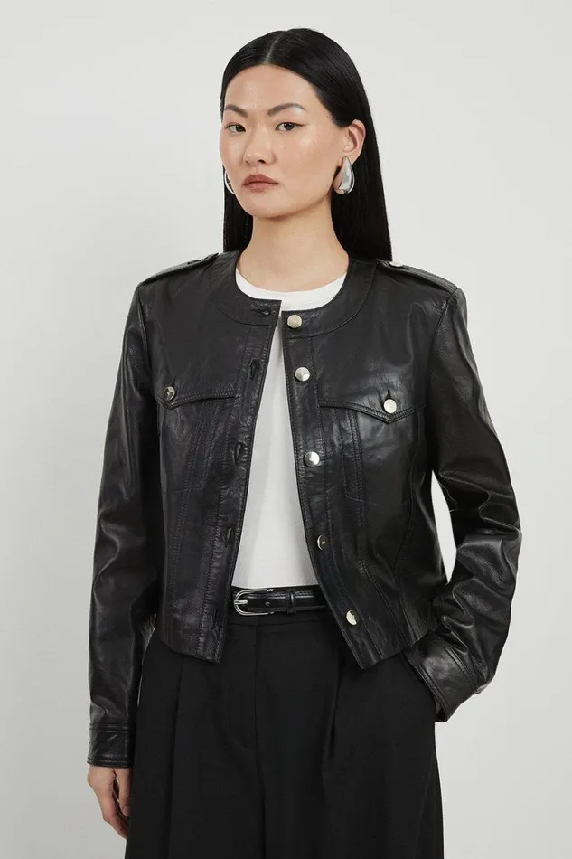 Coats and Jackets Women Karen Millen Leather Button Collarless Jacket Black