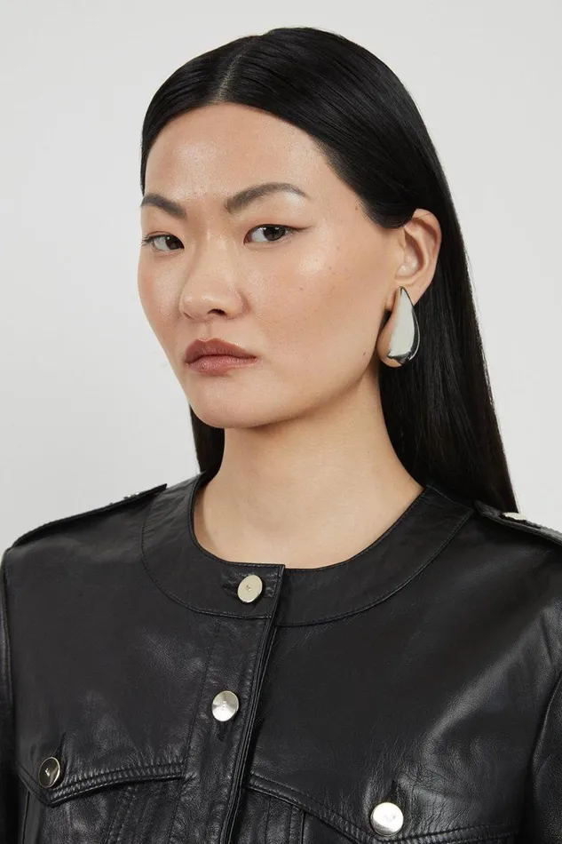Coats and Jackets Women Karen Millen Leather Button Collarless Jacket Black