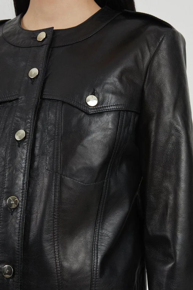 Coats and Jackets Women Karen Millen Leather Button Collarless Jacket Black