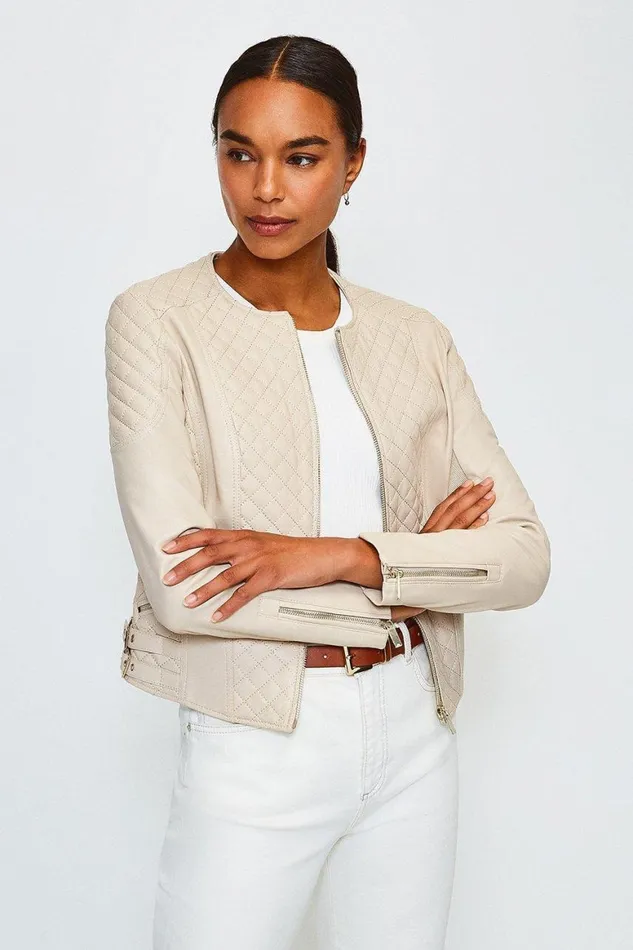 Coats and Jackets Women Karen Millen Leather Quilted Biker Jacket Beige