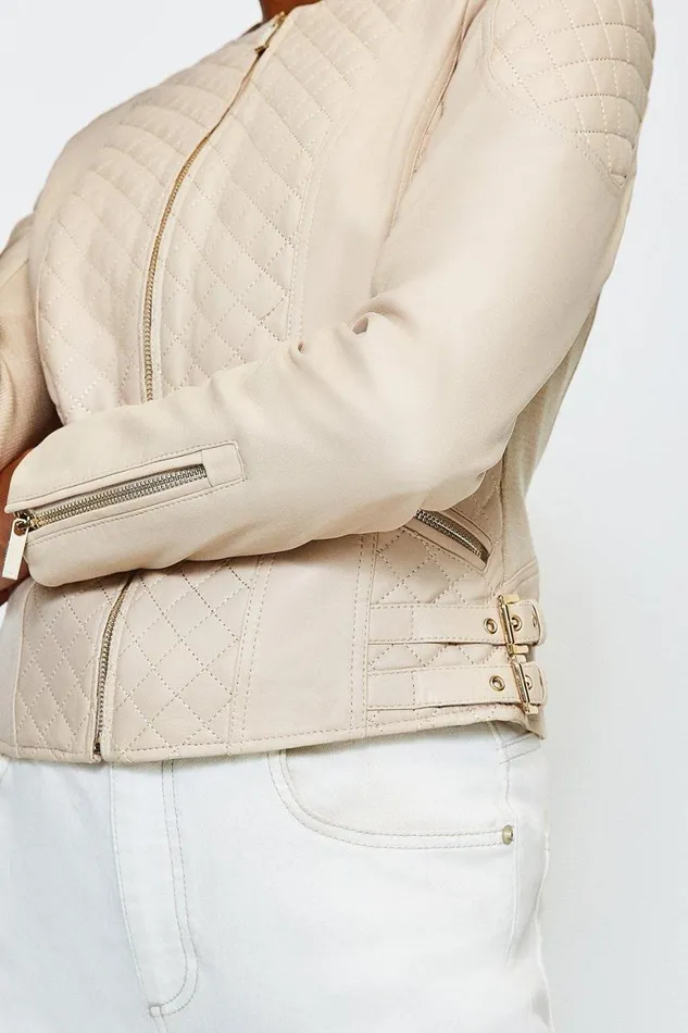 Coats and Jackets Women Karen Millen Leather Quilted Biker Jacket Beige