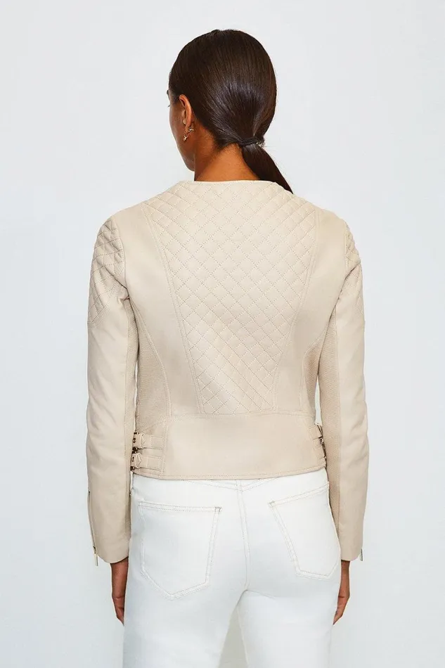 Coats and Jackets Women Karen Millen Leather Quilted Biker Jacket Beige