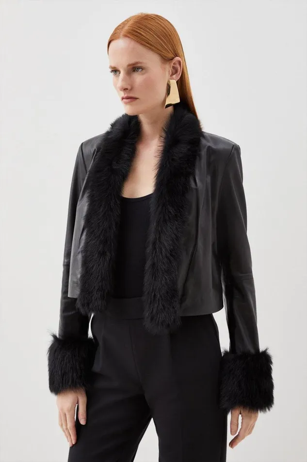 Coats and Jackets Women Karen Millen Leather Shearling Cuff and Collar Jacket Black Coats and Jackets Women Karen Millen Leather Shearling Cuff and Collar Jacket Black