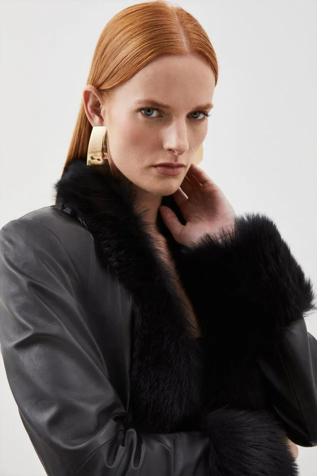 Coats and Jackets Women Karen Millen Leather Shearling Cuff and Collar Jacket Black