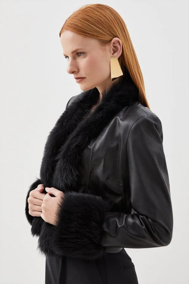 Coats and Jackets Women Karen Millen Leather Shearling Cuff and Collar Jacket Black