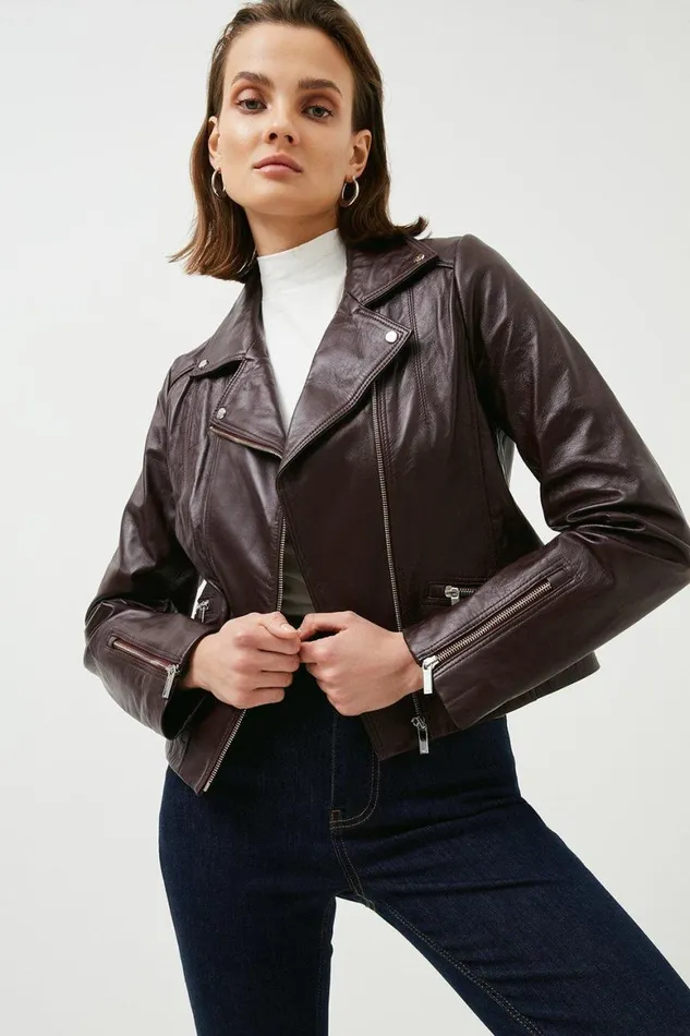 Coats and Jackets Women Karen Millen Leather Signature Biker Jacket Fig