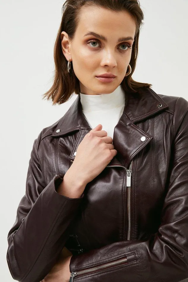 Coats and Jackets Women Karen Millen Leather Signature Biker Jacket Fig