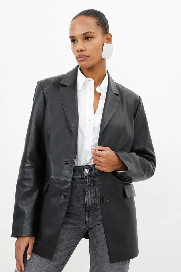 Coats and Jackets Women Karen Millen Leather Wrap Back Detail Single Breasted Blazer Black Coats and Jackets Women Karen Millen Leather Wrap Back Detail Single Breasted Blazer Black