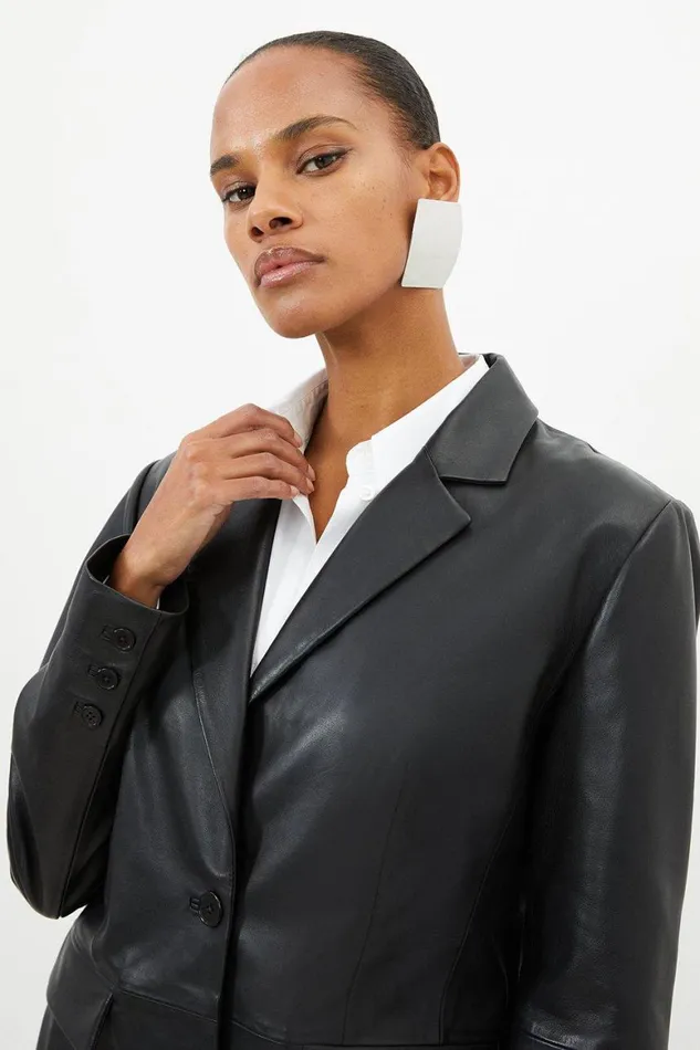 Coats and Jackets Women Karen Millen Leather Wrap Back Detail Single Breasted Blazer Black