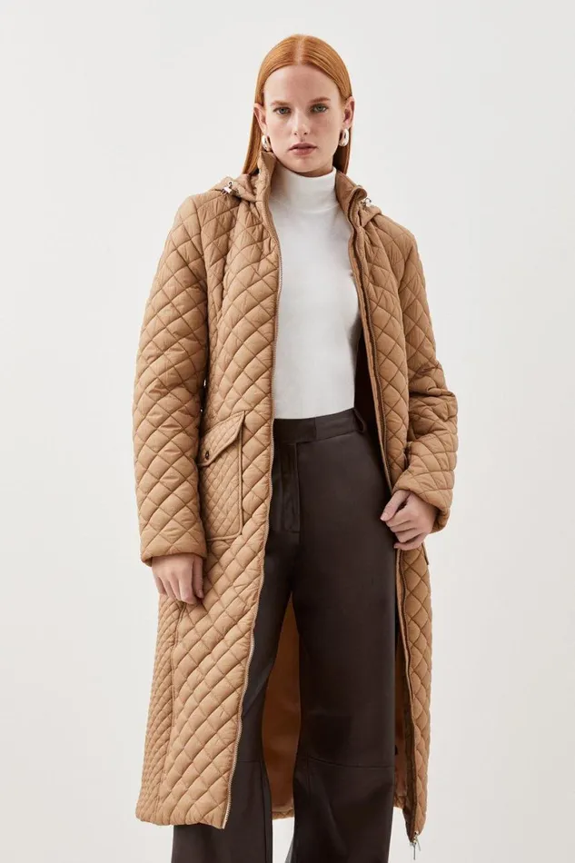 Coats and Jackets Women Karen Millen Lightweight Diamond Quilt Belted Hooded Longline Coat Neutral Coats and Jackets Women Karen Millen Lightweight Diamond Quilt Belted Hooded Longline Coat Neutral
