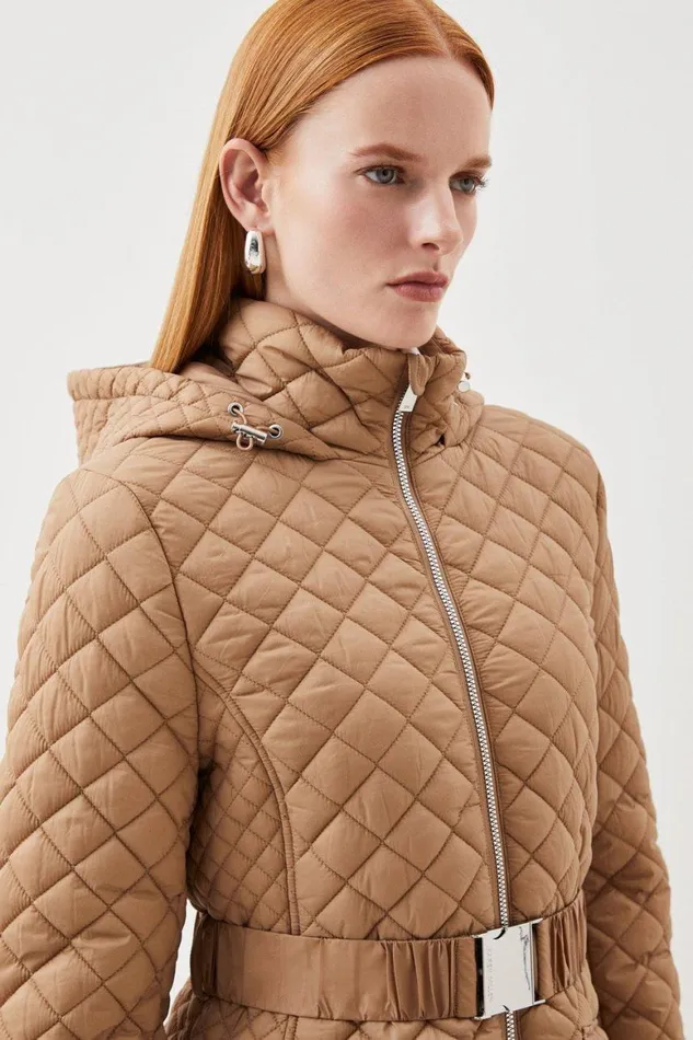 Coats and Jackets Women Karen Millen Lightweight Diamond Quilt Belted Hooded Longline Coat Neutral