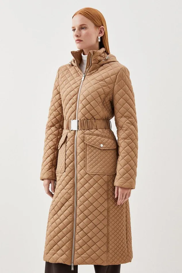 Coats and Jackets Women Karen Millen Lightweight Diamond Quilt Belted Hooded Longline Coat Neutral
