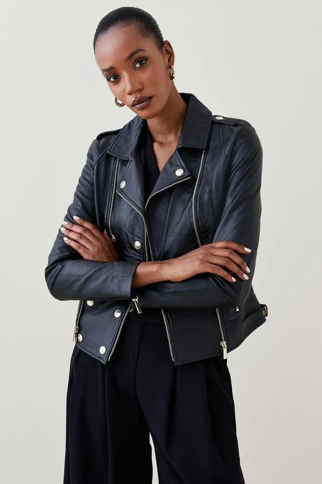 Coats and Jackets Women Karen Millen Petite Military Leather Biker Black
