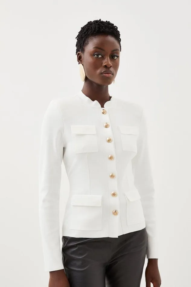 Coats and Jackets Women Karen Millen Premium Viscose Blend Body Contouring Button Front Knit Jacket Cream Coats and Jackets Women Karen Millen Premium Viscose Blend Body Contouring Button Front Knit Jacket Cream