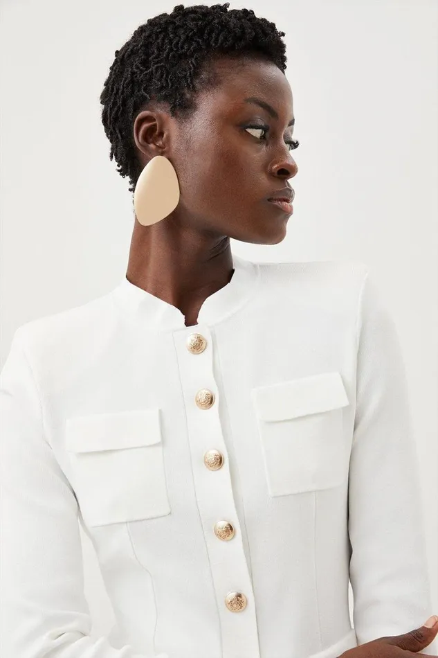 Coats and Jackets Women Karen Millen Premium Viscose Blend Body Contouring Button Front Knit Jacket Cream