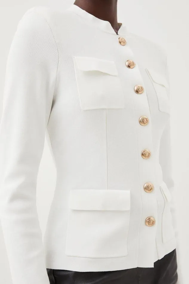 Coats and Jackets Women Karen Millen Premium Viscose Blend Body Contouring Button Front Knit Jacket Cream