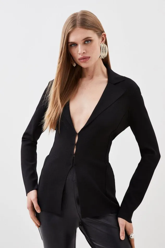 Coats and Jackets Women Karen Millen Premium Viscose Blend Body Contouring Knit Blazer Black Coats and Jackets Women Karen Millen Premium Viscose Blend Body Contouring Knit Blazer Black