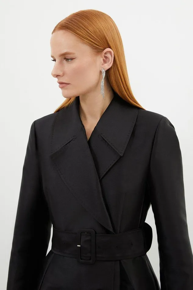 Coats and Jackets Women Karen Millen Satin Twill Tailored Full Skirted Belted Midaxi Dress Black