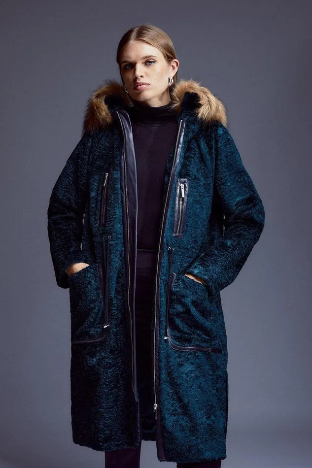 Coats and Jackets Women Karen Millen Signature Ponyskin Hooded Parka Coat Teal Coats and Jackets Women Karen Millen Signature Ponyskin Hooded Parka Coat Teal