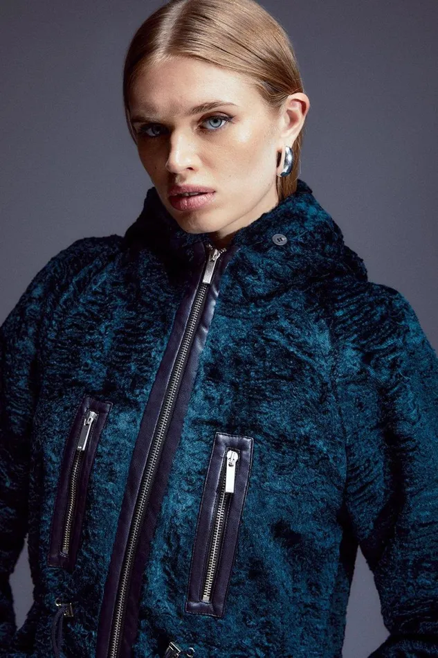 Coats and Jackets Women Karen Millen Signature Ponyskin Hooded Parka Coat Teal