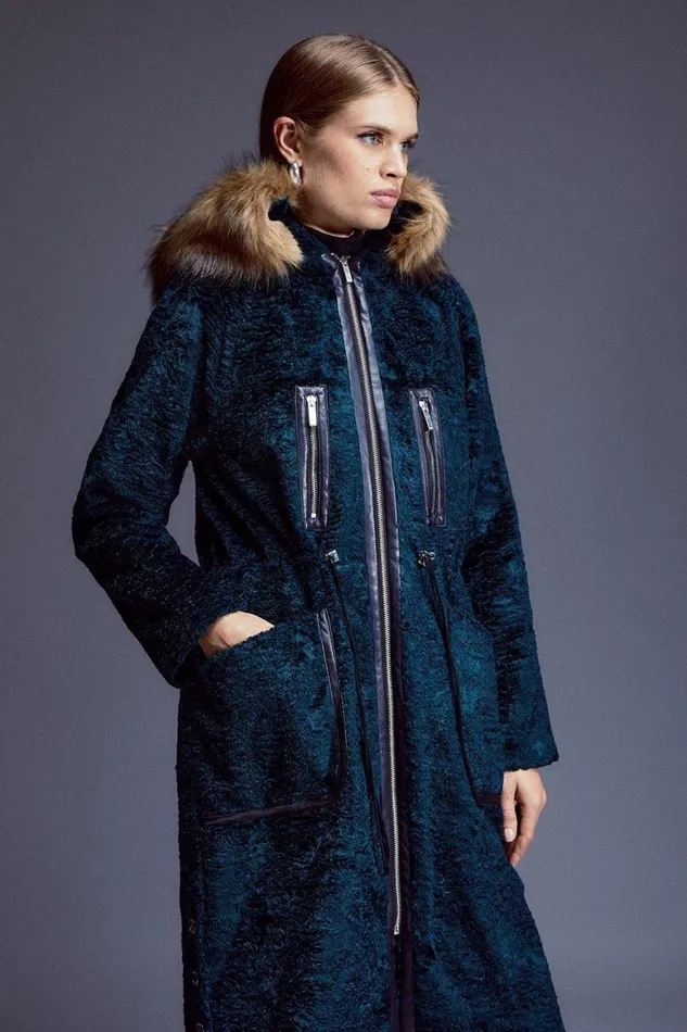Coats and Jackets Women Karen Millen Signature Ponyskin Hooded Parka Coat Teal