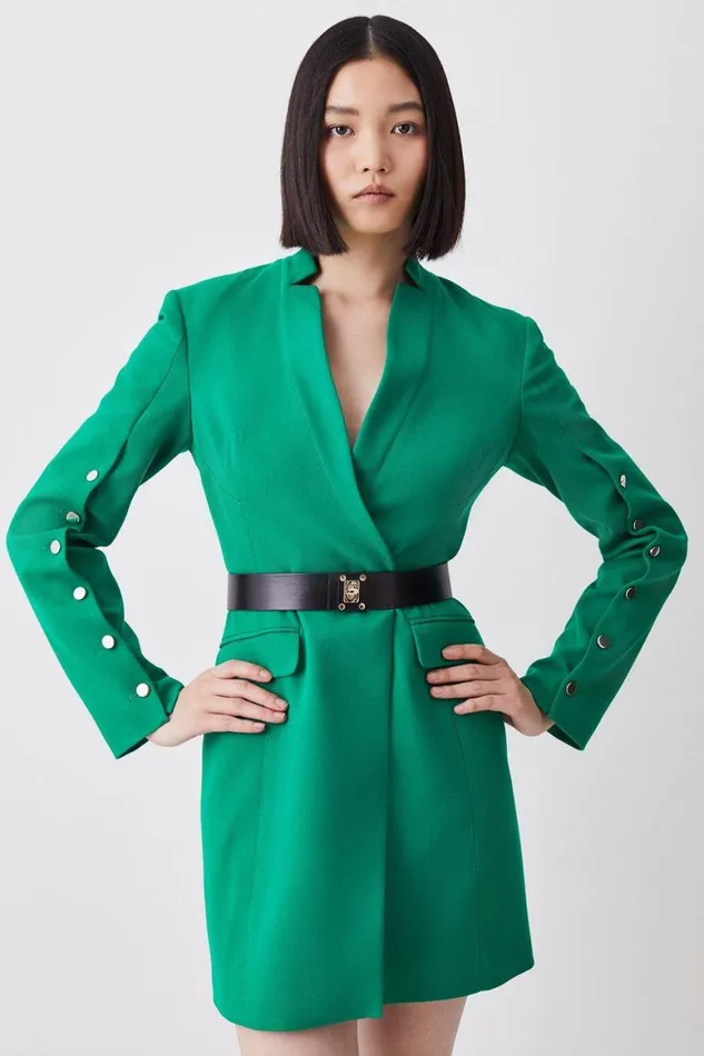 Coats and Jackets Women Karen Millen Structured Crepe Belted Blazer Mini Dress Green Coats and Jackets Women Karen Millen Structured Crepe Belted Blazer Mini Dress Green