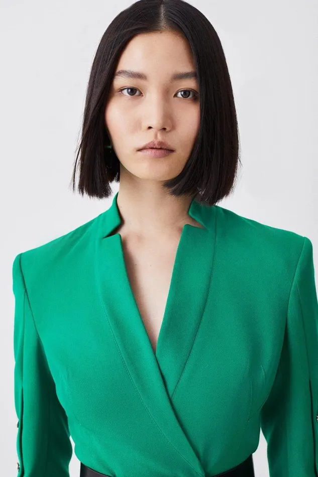 Coats and Jackets Women Karen Millen Structured Crepe Belted Blazer Mini Dress Green