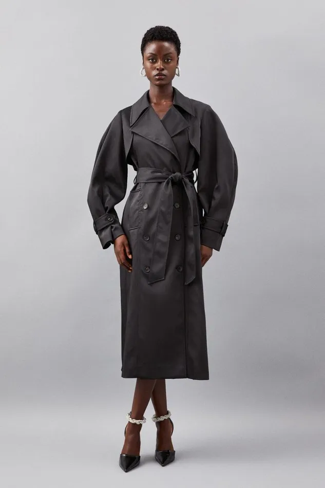 Coats and Jackets Women Karen Millen Tailored Satin Maxi Belted Trench Coat Black