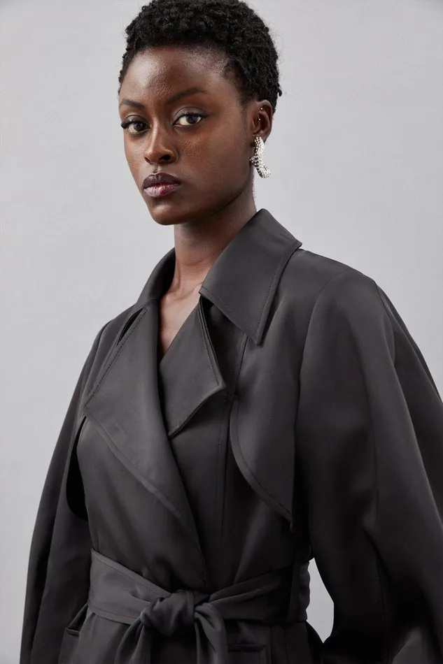 Coats and Jackets Women Karen Millen Tailored Satin Maxi Belted Trench Coat Black