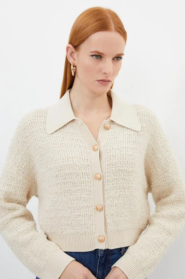 Coats and Jackets Women Karen Millen Textured Knit Cotton Blend Collar Jacket Coconut
