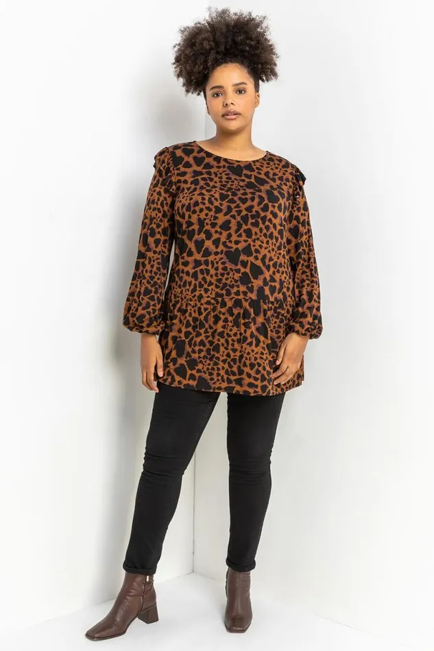 Coffee Curve Animal Print Frill Detail Tunic Women Roman Tops