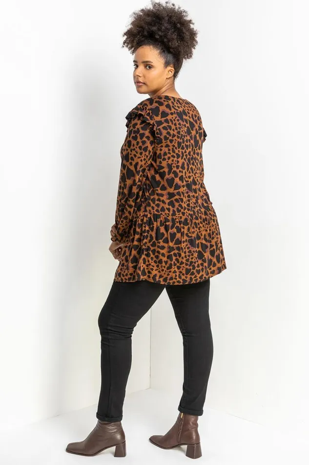Coffee Curve Animal Print Frill Detail Tunic Women Roman Tops
