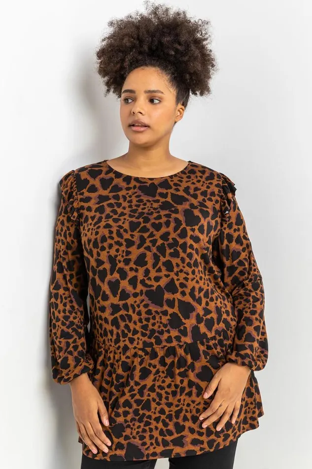 Coffee Curve Animal Print Frill Detail Tunic Women Roman Tops