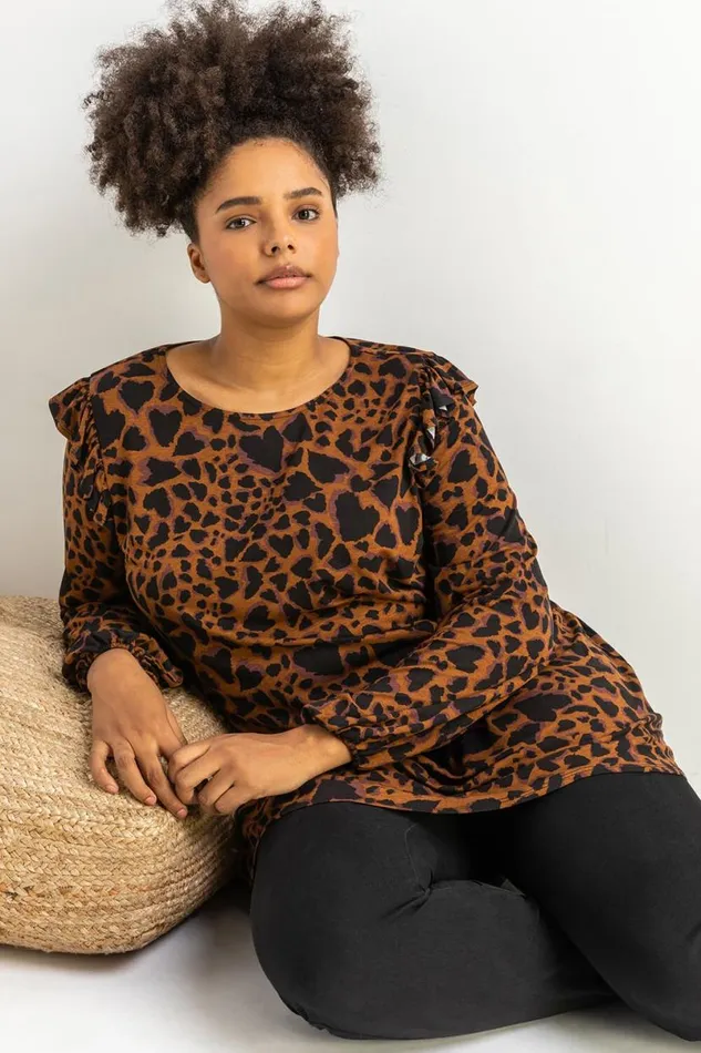 Coffee Curve Animal Print Frill Detail Tunic Women Roman Tops